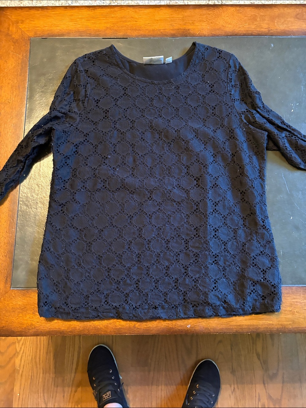 Denim&Co Black Lace Eyelet Long Sleeve Top